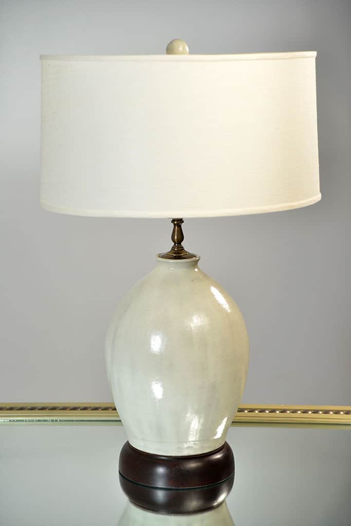 Glazed Ceramic Egg Lamp with Cream Linen Shade and Thick Wood Base in Matte White