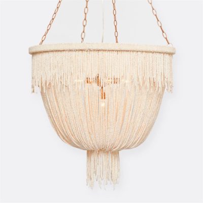 Large, beaded chandelier with a natural color scheme, featuring multiple lights and fringe detailing.