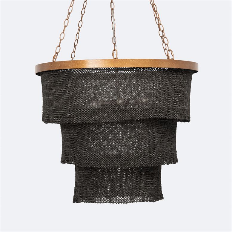 A decorative, round three-tier beaded chandelier featuring a gold frame with five lights hanging from a chain.