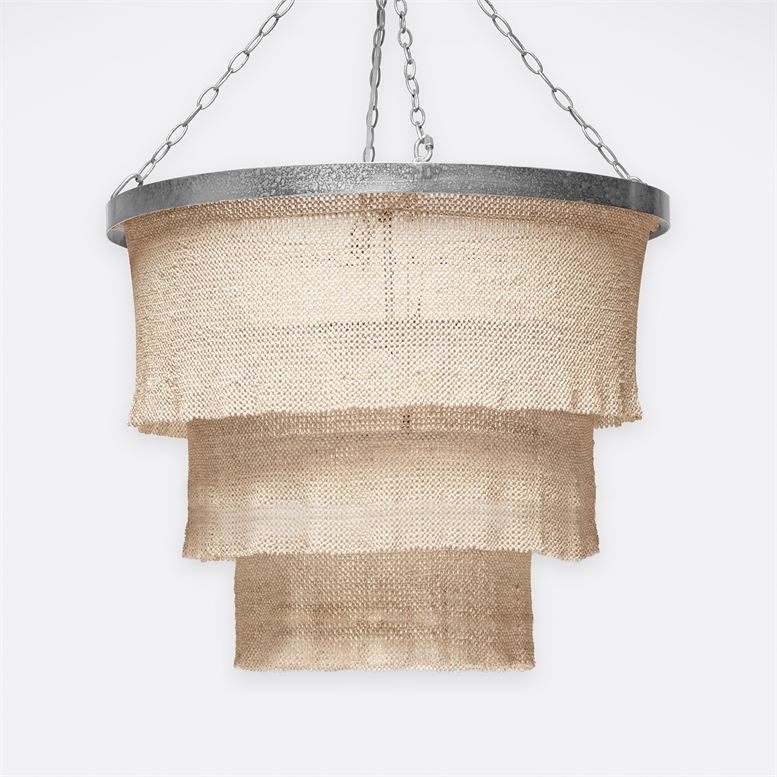 Round three tier beaded chandelier with a gold frame featuring five lights and hanging from a chain Available in black bronze dusty