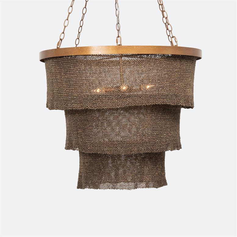 Round three-tiered beaded chandelier with gold frame, featuring five lights and a hanging chain.