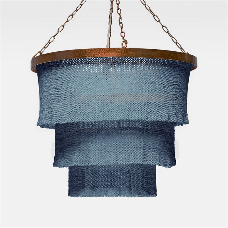 Round three-tier chandelier with gold frame, 5 lights and a chain hanging from ceiling. The lampshades are blue with a ruffled texture.