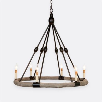 Rustic faux bois chandelier with 6 lights featuring a unique design with iron straps supporting the circular frame and natural variations in