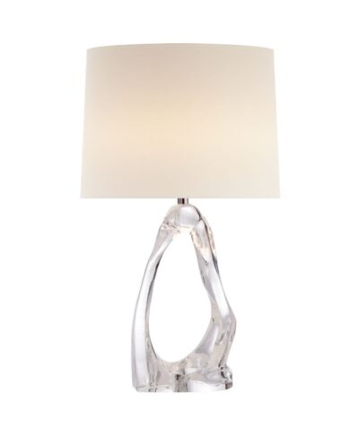 Clear glass lamp with elegant design, showcasing linen shade in front view.