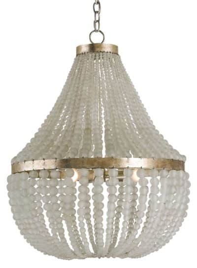 Large, ornate chandelier with numerous beaded elements and a central silver ring, hanging against a white background.