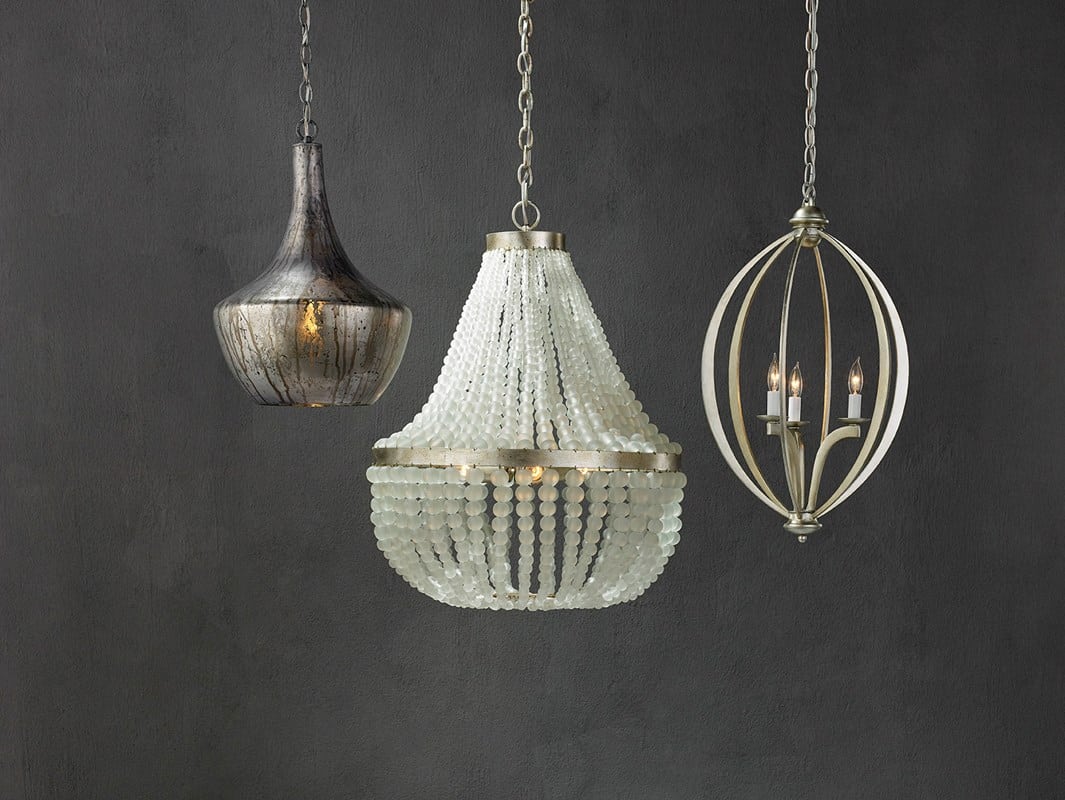 The image features three elegant chandeliers against a dark background On the left there s a large beaded translucent chandelier with a