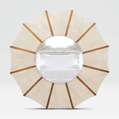 Large round starburst mirror with wooden frame and faux shagreen texture, set against a white background.