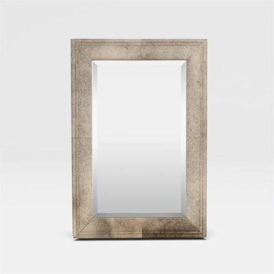 Side view of a Charles Cowhide Mirror in gray, featuring natural variations and slight differences in color and texture.
