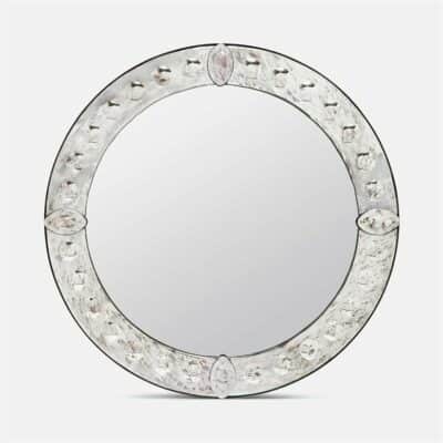 Round Venetian mirror with antique finish and back etched circles.