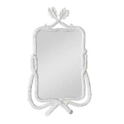 White framed mirror with a white faux bois border and a plain glass insert, displayed against a neutral background.