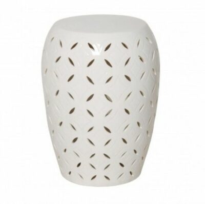 Small white ceramic stool with crackle texture and lattice pattern.