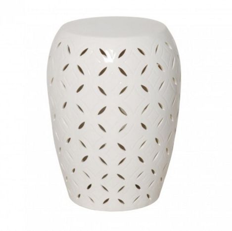 Small white ceramic stool with crackle texture and lattice pattern.