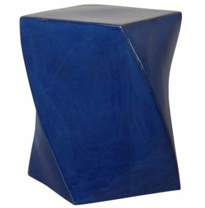 Modern blue garden stool with unique texture and glaze variations, showcasing its contemporary design.