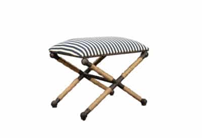 Small Backman Navy and White Striped X Rope Stool with a rustic iron frame featuring a cushioned seat and legs made of