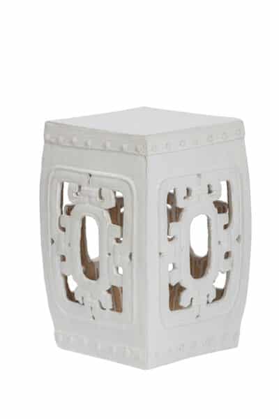 Square ceramic garden stool with nail head decor and open sides available in antiqued ivory light blue or light turquoise Each piece