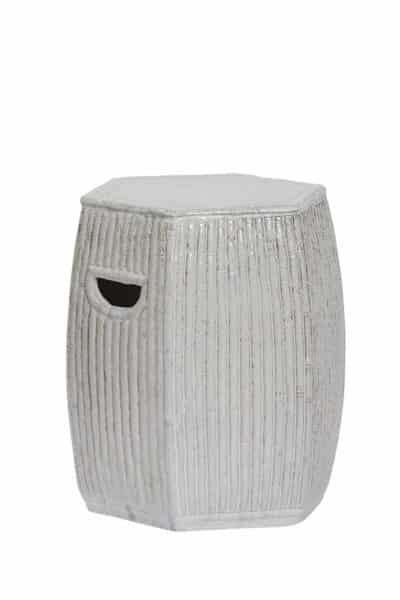 The hexagonal ceramic garden stool with a bamboo motif in an antique white color and antiqued appearance.