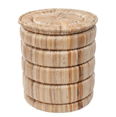 A round woven rattan stool with a natural, peeled finish, stacked in three layers against a white background.