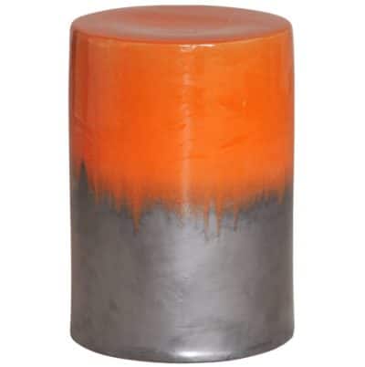 Two tone ceramic garden seat with a red and black color scheme, showcasing its glossy finish and sturdy construction.