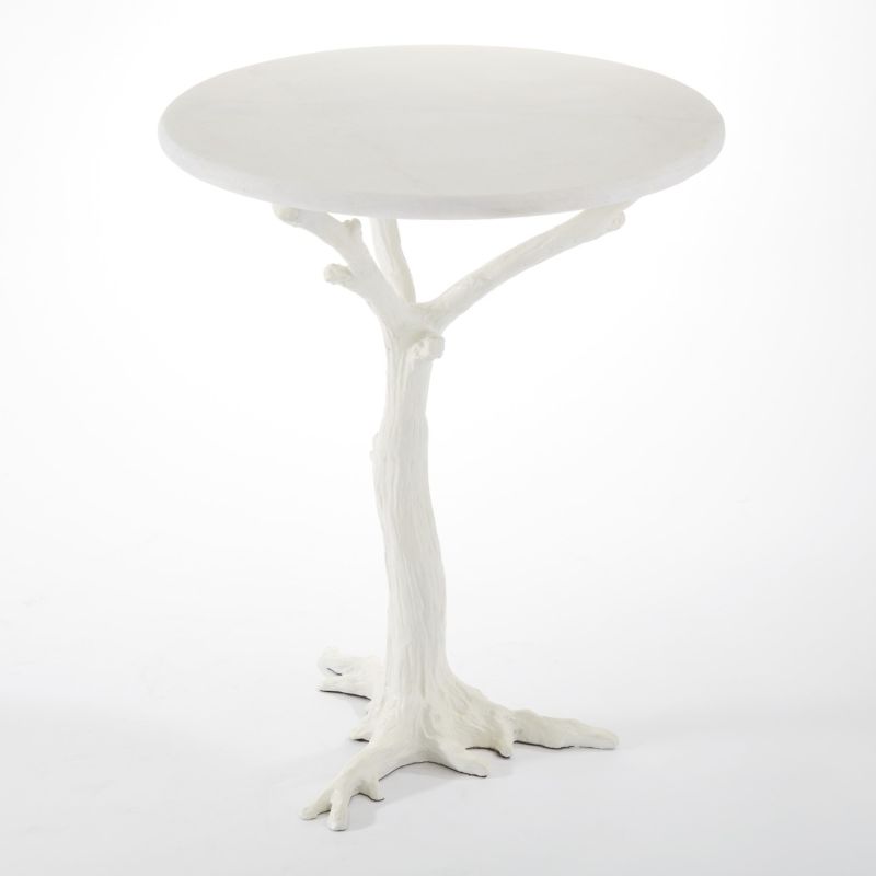 Faux bois side table with a marble top and bronze base, showcasing its unique design against a white background.