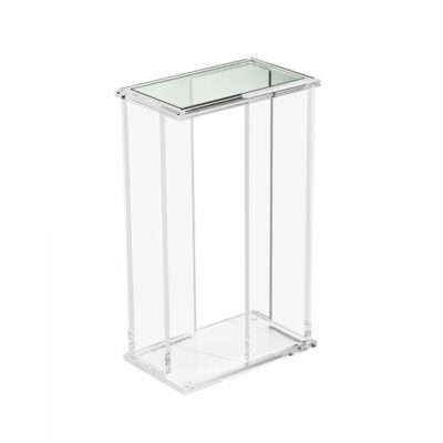 Rectangular acrylic and glass side table with visible support structure.