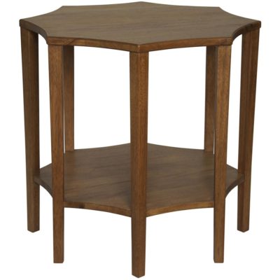 Octagonal walnut side table with curved legs and a dark finish.