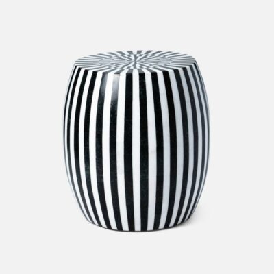 Striped side table in black and white with marble pattern.