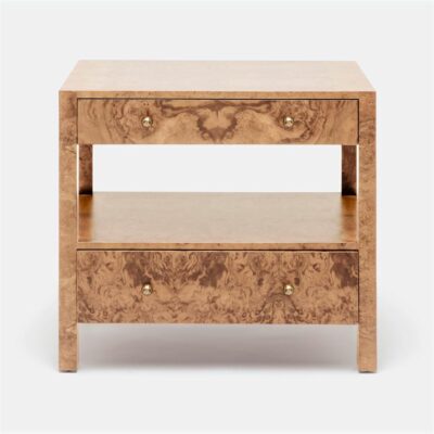 Large wooden nightstand with two drawers and an open shelf, featuring a burlwood finish available in olive ash or walnut veneer