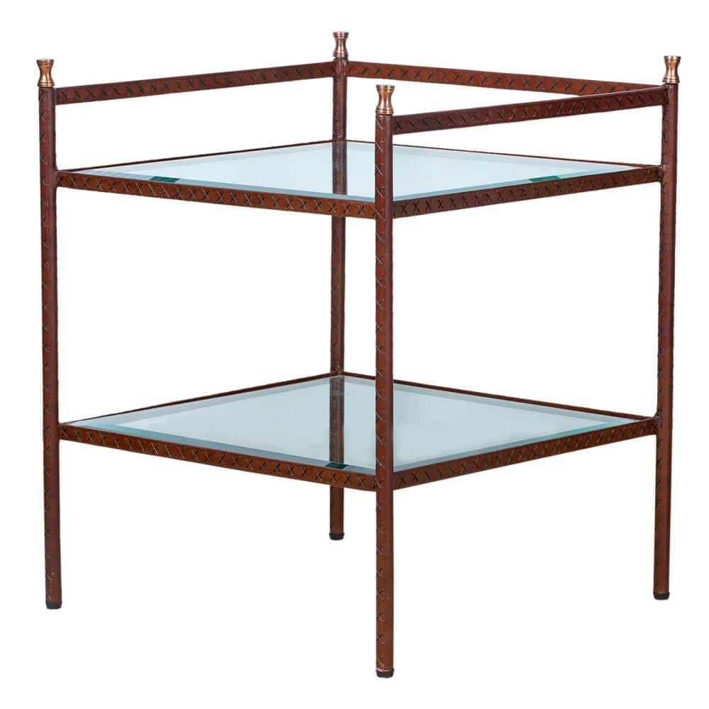 A wooden nightstand with a leather wrapped frame and glass shelves, featuring brass finials.