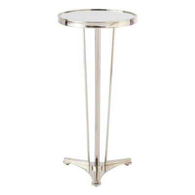 The image shows a sleek, modern side table with a chrome finish and a mirrored top.