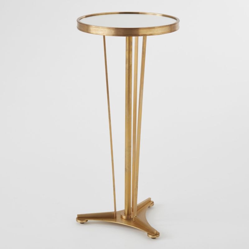 A sleek French modern side table with a nickel finish, featuring a mirrored top and supported by two thin metal legs.
