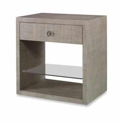 Raffia bedside table with drawer and glass shelf, sleek design in French Grey or Sand Natural Fiber color.