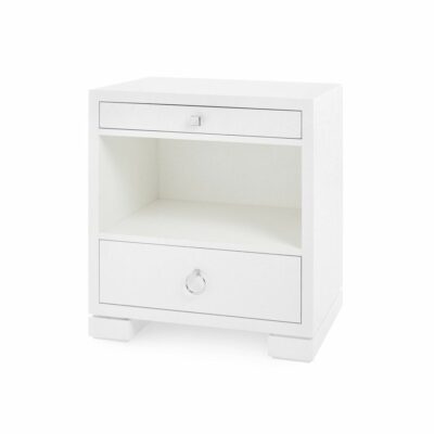 White lacquered side table with drawer and grasscloth interior.