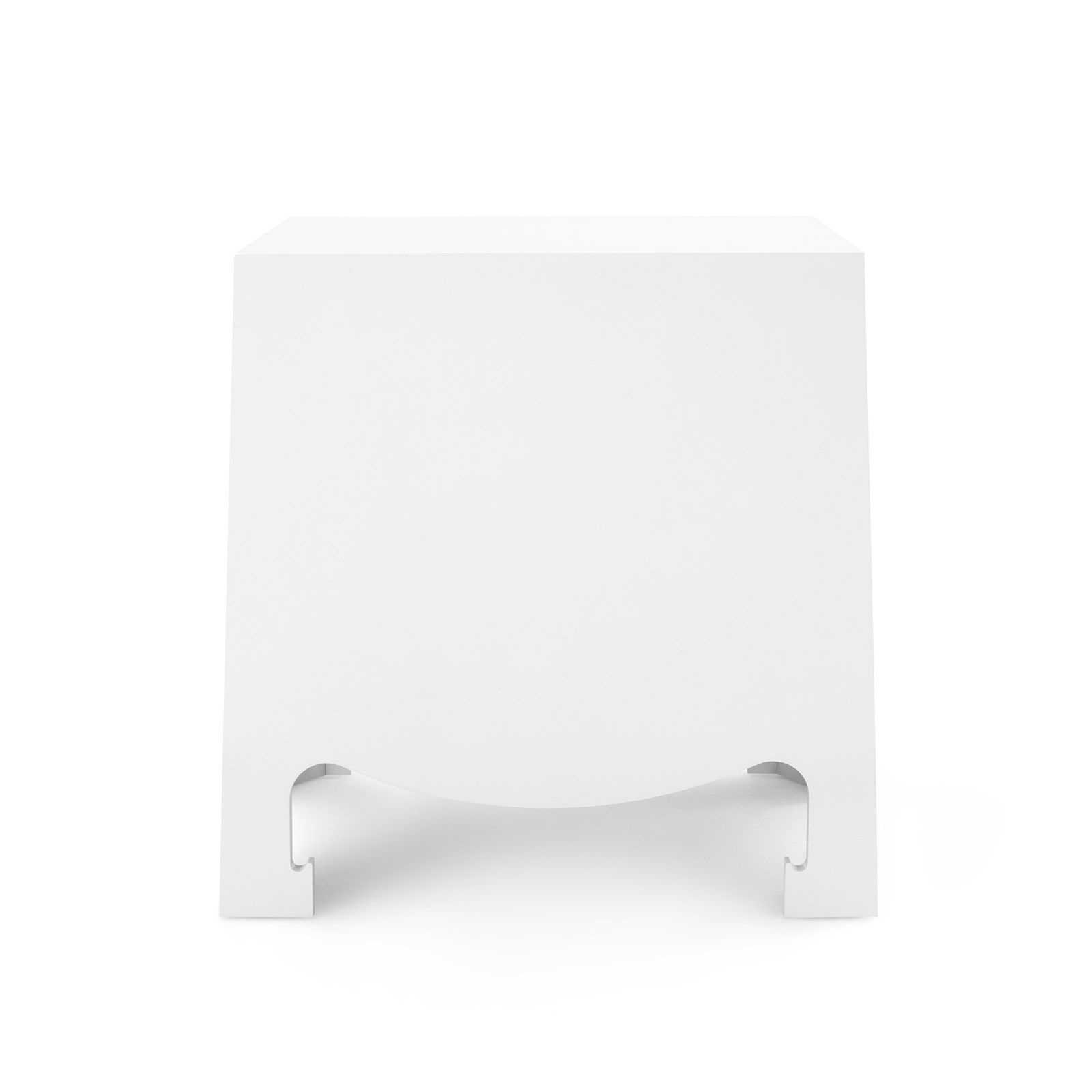 White lacquered side table with stained interior and antiqued gold pull, set against a plain background.