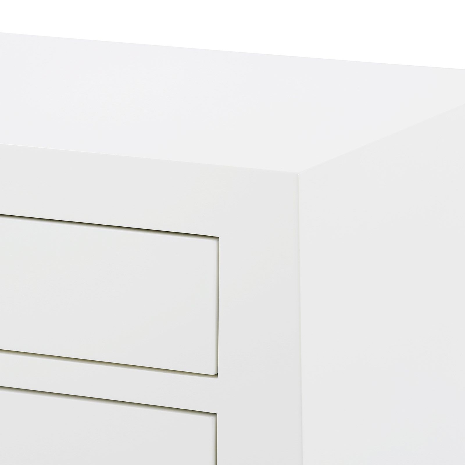 White lacquered three drawer side table with a stained interior and antiqued gold pull.