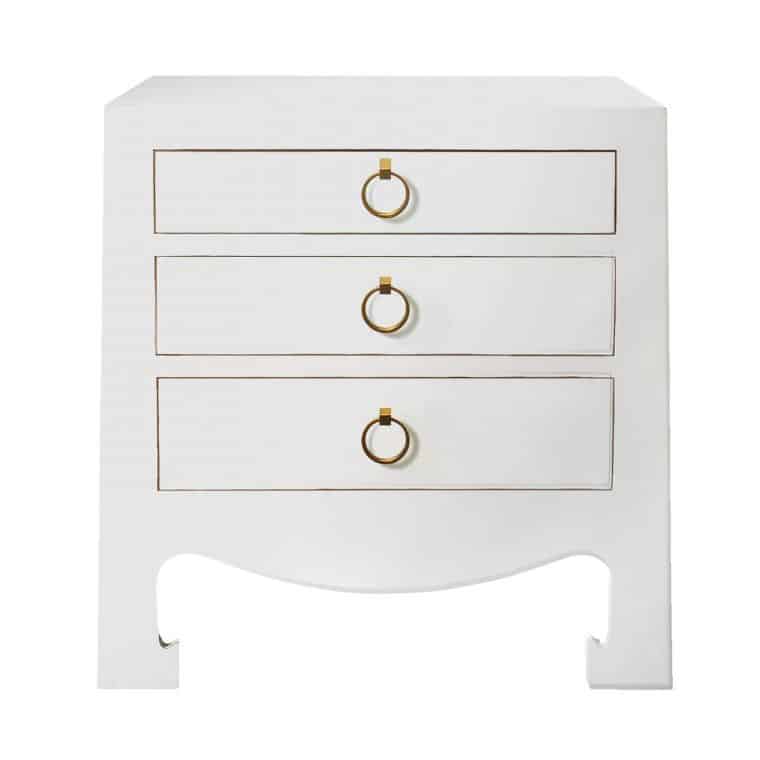 Stacy lacquered side table with three drawers in white, featuring antiqued gold pulls and stained interior.
