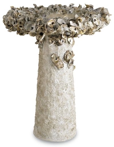 Large oyster shell birdbath with concrete base and shells attached to it, 38 inches high, 32 inches in diameter, weighing 150 pounds.