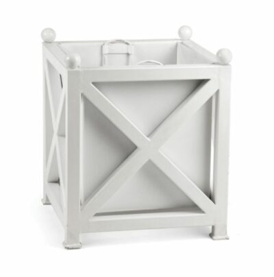 Large white metal planter with a removable liner, galvanized and powder-coated, available in black finish.