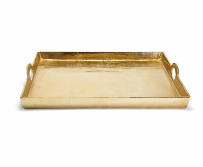 Gold-finished square tray with handles, polished to shine.