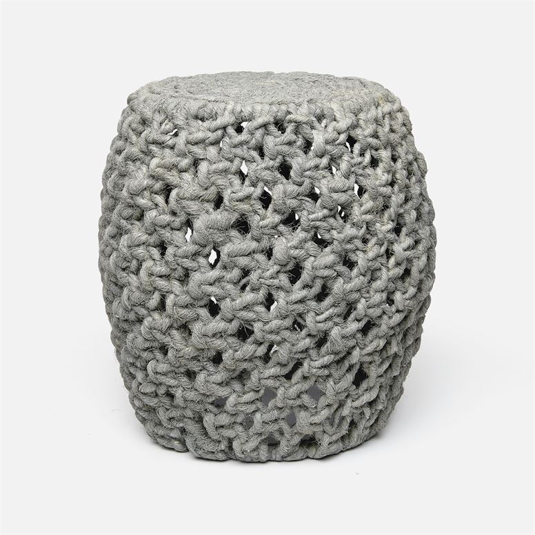 A gray rope stool with a knitted texture, featuring a woven pattern and a cylindrical shape, set against a white background.