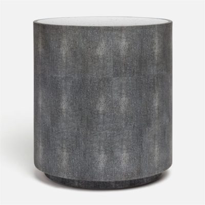 Grey faux shagreen side table with antiqued mirrored top on display, showcasing its modern and elegant design.
