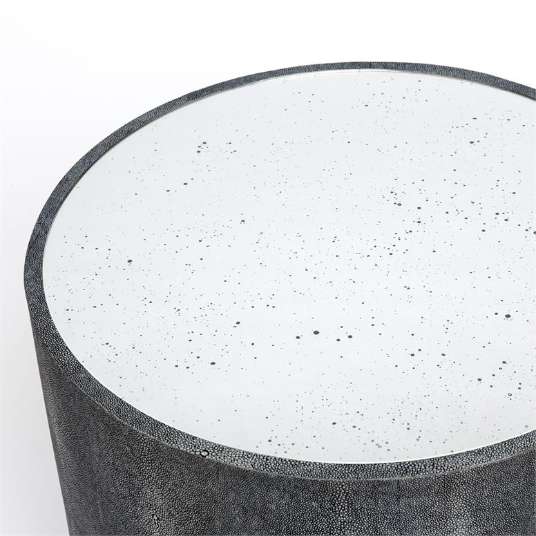 Grey faux shagreen side table with a mirrored top, available in various colors.