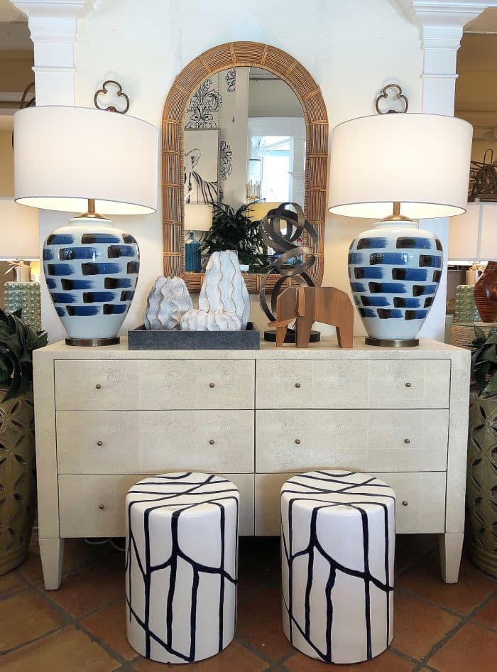 Sorn Faux Shagreen Double Dresser with 6 drawers available in pristine white castor gray or french gray displayed on a table with