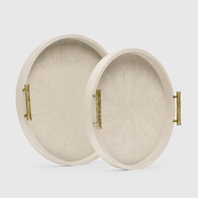 A large round tray with a faux shagreen texture and gold handles, displayed against a white background.