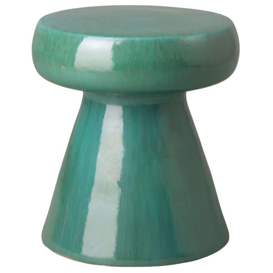 Close-up of blue and green handcrafted mushroom stool with unique texture and glaze variations.