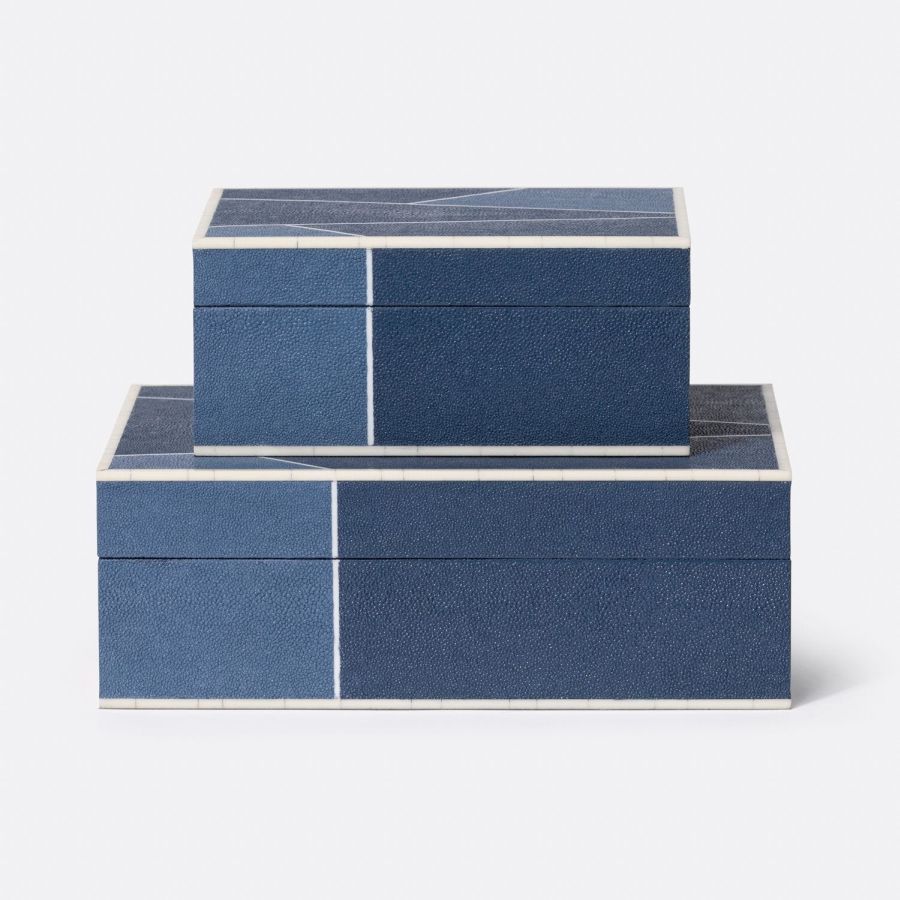 Blue faux shagreen brick box with geometric pattern, side profile view.