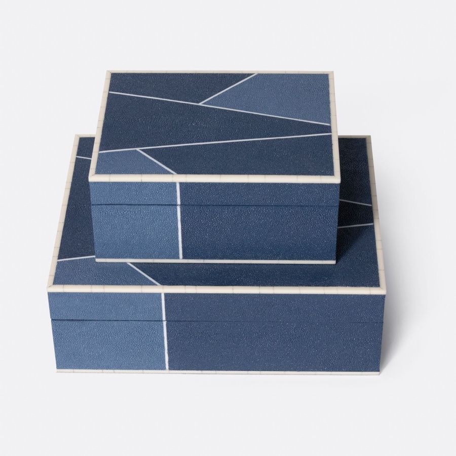 Alt Text: "Stacked faux shagreen brick boxes in geometric pattern, available in navy blue