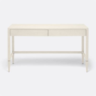 Beige and white Hilton Cast Resin Faux Raffia Desk with two drawers, available in off-white, seal or pristine.