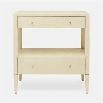 A large beige Hilton cast resin nightstand with a faux raffia design featuring a bottom shelf large drawer and small top drawer