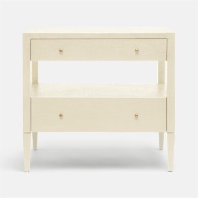 Low large Hilton cast resin faux raffia bedside table beige and white in a Hamptons style with two drawers one large and