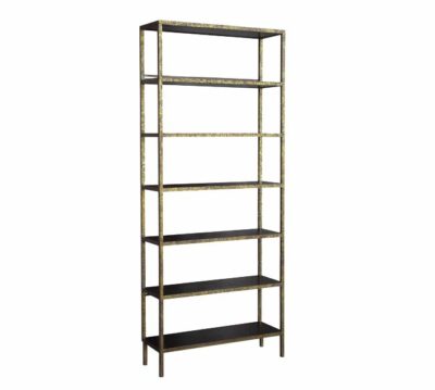 Large Stella Bookcase with six shelves featuring dark brown or driftwood finish and antiqued gold frame.